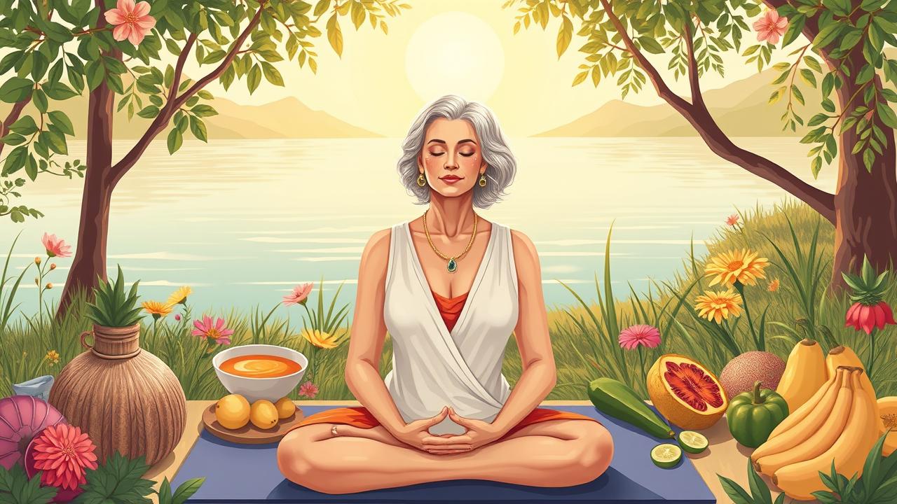 A photorealistic illustration depicting the essence of women's maturity and self-care. Illustrate an elegant woman in a serene natural setting, surrounded by elements representing self-care, such as healthy foods, a yoga mat, and tranquil water. Capture her in a peaceful moment of reflection, embodying harmony between body and soul. The atmosphere should be warm and inviting, focusing on beauty, wellness, and empowerment without any reference to age.