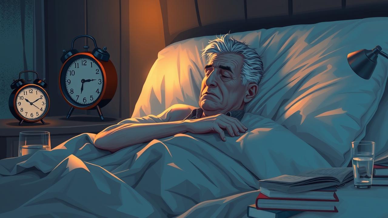 A photorealistic illustration depicting a middle-aged person experiencing night sweats, with a distressed expression while lying in bed, surrounded by a warm, dimly lit bedroom. Include subtle details like crumpled sheets, a clock showing late hours, and a bedside table with a glass of water and a book on sleep tips. The atmosphere should convey a sense of discomfort and restlessness, while also hinting at a journey towards rejuvenation and better sleep. No text or captions included.