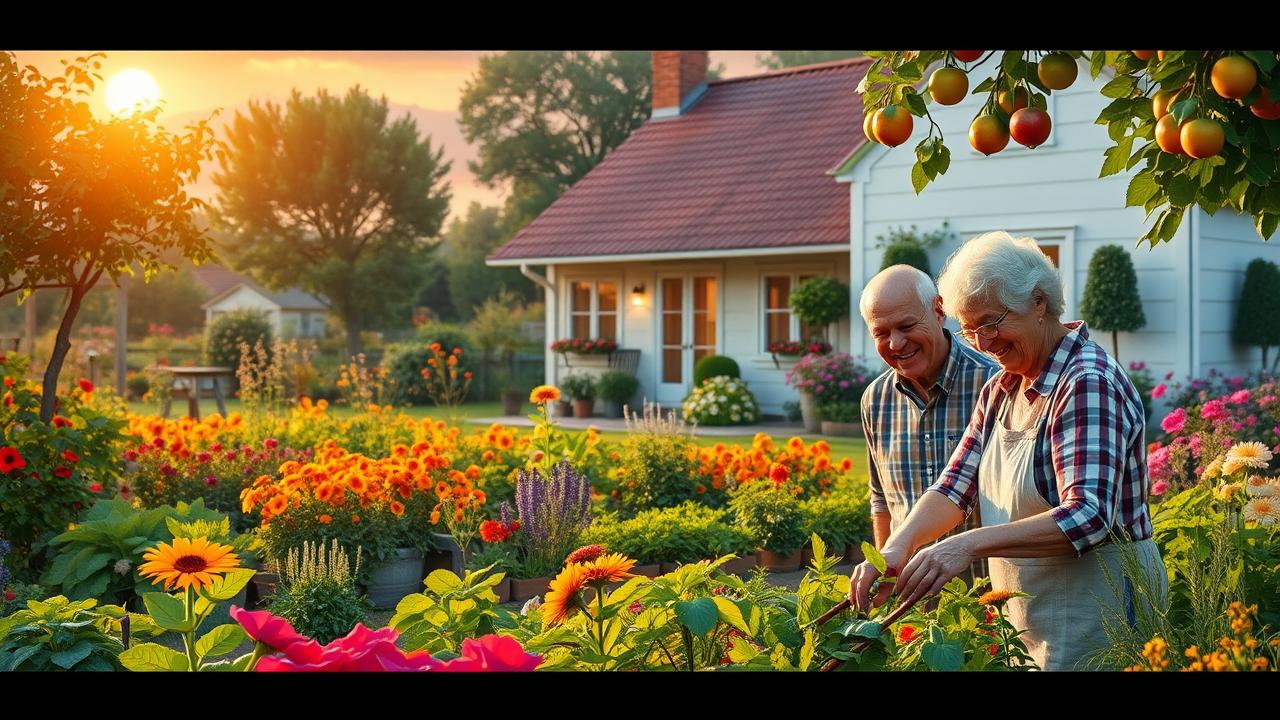 A photorealistic illustration of a serene garden scene at a country house, vibrant and lush with colorful flowers, healthy vegetables, and fruit trees. In the foreground, an elderly couple is joyfully tending to the garden, showcasing their radiant skin and healthy hair. The setting sun casts a warm glow, emphasizing the beauty of nature and the vitality of the couple. Include details like gardening tools, blooming plants, and a feeling of tranquility and abundance, without any text or labels.