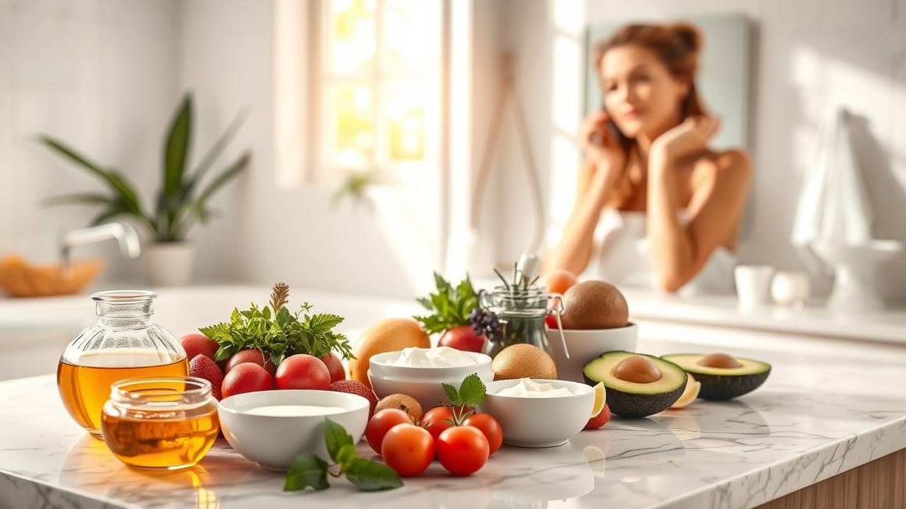 "A realistic and inviting scene showcasing a stylish, modern bathroom with a variety of homemade facial mask ingredients artfully arranged on a marble countertop. Include fresh fruits, herbs, and bowls filled with natural ingredients like honey, yogurt, and avocado. Soft, natural lighting filters through a window, highlighting a serene atmosphere. In the background, a mirror reflects a hint of a woman in her 40s enjoying self-care, suggesting beauty and youthfulness without showing any text or words."