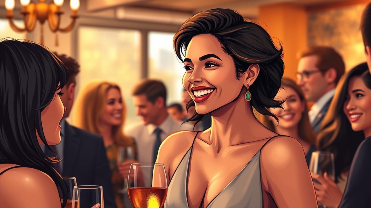A photorealistic illustration of a confident, stylish woman smiling and engaging in lighthearted conversation at a social gathering. She exudes charm and approachability, surrounded by a warm atmosphere filled with soft lighting and subtle laughter. The setting captures an elegant yet comfortable environment, showcasing moments of connection and flirtation, with diverse friends around her enjoying the moment. The focus is on her radiant confidence and effortless allure, highlighting the theme of empowerment and attraction without any text.