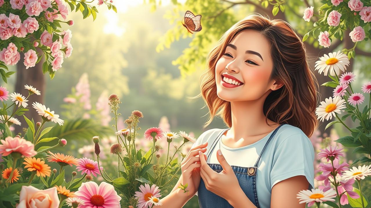 A photorealistic illustration depicting a serene and vibrant scene of a woman engaging in various hobbies that promote youthfulness and energy. Showcase her surrounded by elements of nature, such as blooming flowers, lush greenery, and soft sunlight filtering through trees. Include activities like gardening, practicing yoga, and applying natural skincare products. Emphasize her glowing skin, healthy hair, and a joyful expression, capturing the essence of vitality, inspiration, and well-being. No text or labels included.