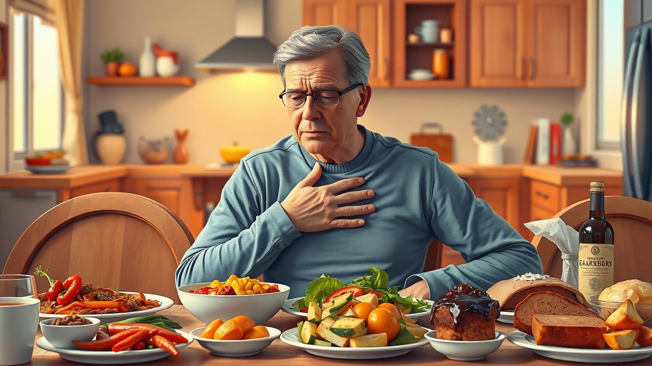 A photorealistic illustration depicting a middle-aged person (around 40 years old) sitting at a dining table with a variety of foods that are commonly known to trigger heartburn, such as spicy dishes, citrus fruits, and rich desserts. The person appears contemplative, with a slightly pained expression, holding their abdomen to signify discomfort. The background includes a warm, inviting kitchen setting, with vibrant colors that highlight the contrast between the delicious food and the person's discomfort. No text or labels should be included.