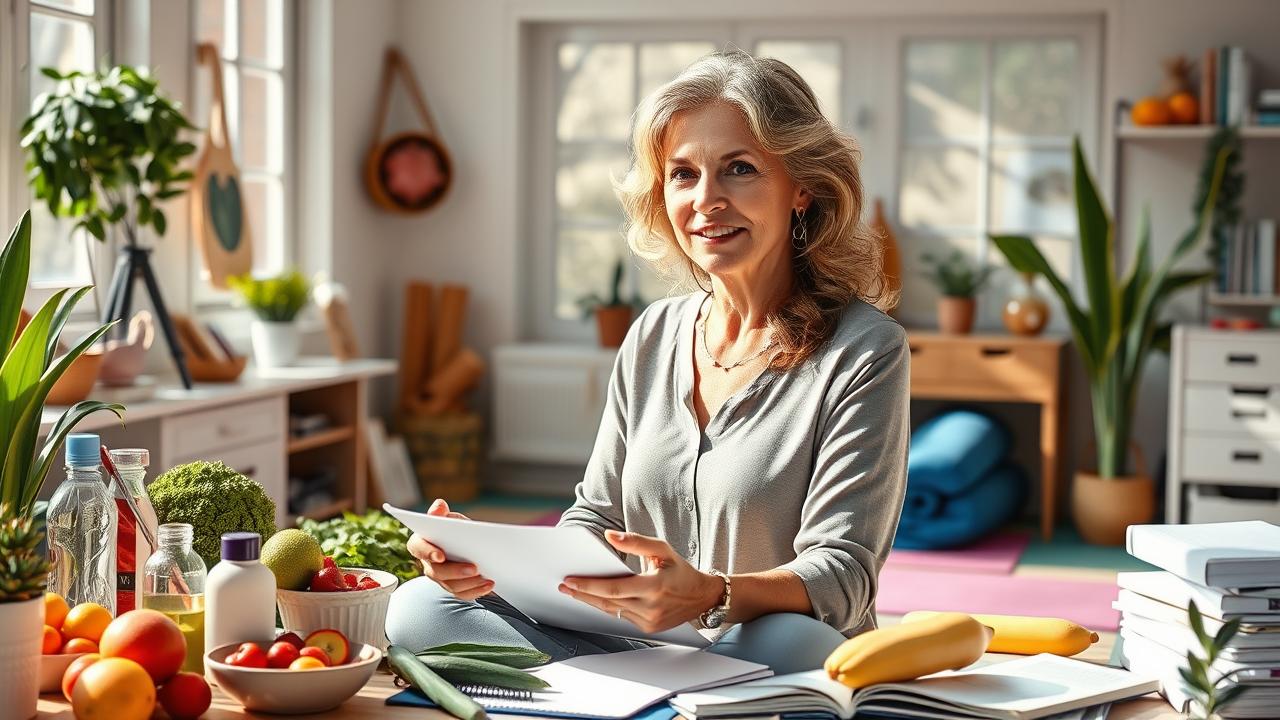 A photorealistic illustration depicting a confident woman in her 40s, transitioning to a new career. She is surrounded by elements representing health, beauty, nutrition, and youthful vitality. The scene includes fresh fruits and vegetables, yoga mats, beauty products, and research materials, symbolizing her focus on well-being and personal growth. The setting is a bright, inspiring home office, with natural light illuminating her as she engages in a productive and fulfilling activity, embodying a spirit of renewal and empowerment.