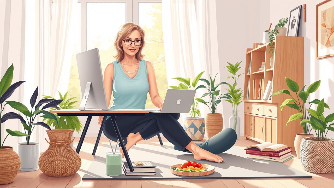 A photorealistic illustration depicting a confident woman in her 40s, multitasking in a serene home office environment. She is engaged in work while surrounded by elements of self-care, such as a yoga mat, a healthy meal, and a cozy reading nook. The scene is filled with natural light, highlighting her healthy lifestyle and balance between professional and personal well-being. The atmosphere should convey harmony, empowerment, and vitality, without any text or labels.