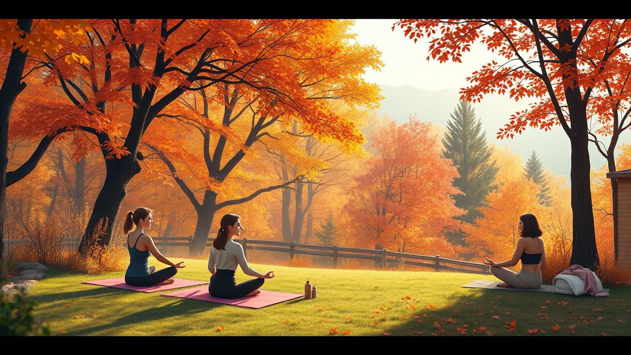A photorealistic illustration depicting a serene autumn landscape ideal for women aged 40 and above looking for rejuvenation and wellness. The scene features a peaceful SPA resort surrounded by vibrant fall foliage, with women engaging in beauty detox activities like yoga, meditation, and enjoying nature walks. Soft sunlight filters through the trees, highlighting elements of health and relaxation, such as herbal teas, spa treatments, and tranquil vibes. The overall atmosphere should inspire a sense of renewal and well-being, with no text or letters included.