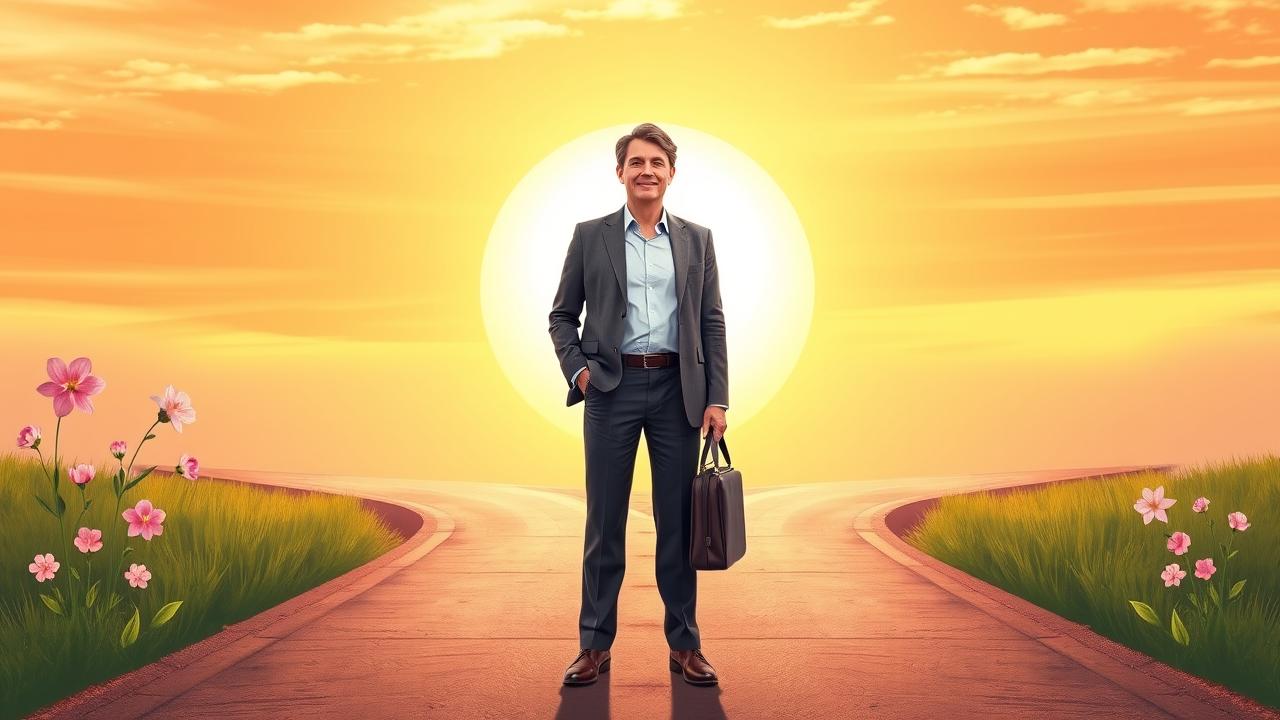 A photorealistic illustration of a confident, middle-aged individual standing at a crossroads, with a bright sunrise in the background symbolizing new beginnings. The person exudes positivity and determination, dressed in professional attire, holding a briefcase. Surrounding them are subtle visual elements representing growth and change, like blooming flowers and clear paths leading in different directions. The scene conveys a sense of empowerment and possibility, reflecting the theme of starting a new career after 40 and embracing personal transformation with ease. No text or words in the image.