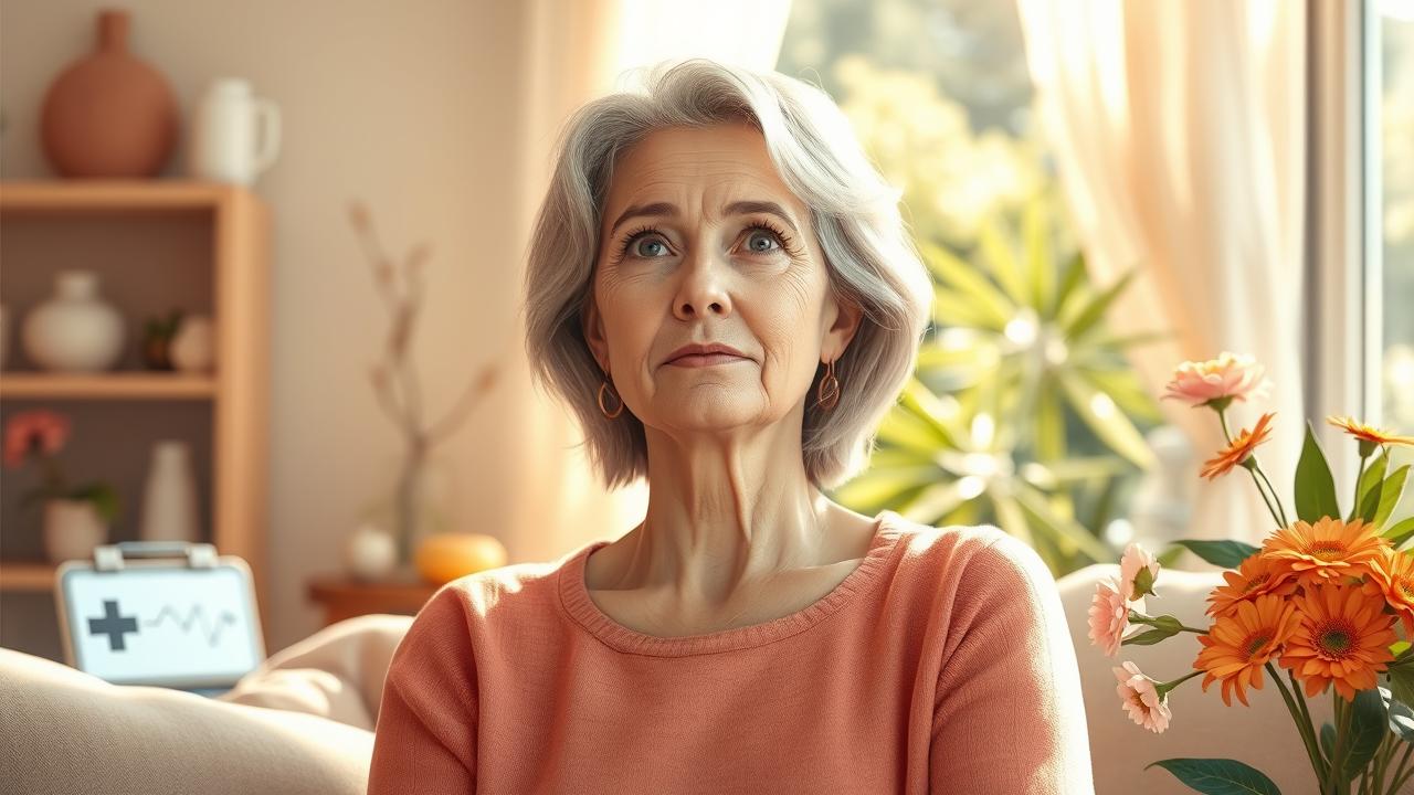 A photorealistic illustration of a serene, middle-aged woman in her 40s, appearing thoughtful and healthy, surrounded by symbols of self-care and wellness. She is in a warm, inviting setting, perhaps a cozy living room or garden, with subtle elements like a health check-up kit, fresh fruits, and flowers representing beauty and vitality. The lighting is soft and natural, emphasizing her glow and positivity, conveying a sense of care, wisdom, and empowerment without any text or labels.