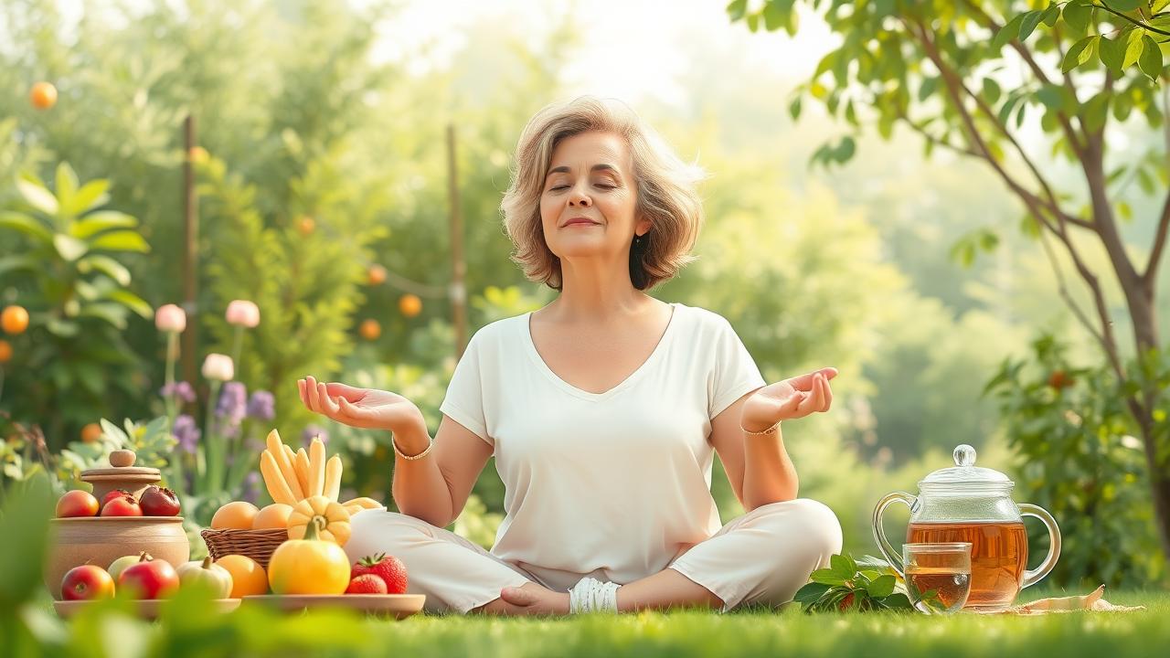 A photorealistic illustration depicting a serene and healthy middle-aged person in a wellness environment, showcasing a balance between nature and health. The scene features a tranquil setting with greenery, perhaps a garden or a peaceful park, where the person is engaging in relaxing activities like meditation or gentle yoga. Include elements like a healthy lifestyle theme—fruits, vegetables, and herbal teas nearby, suggesting tips for pressure stabilization. The overall mood should convey vitality, rejuvenation, and serenity, emphasizing the importance of health and wellness after 40 without any text or labels.
