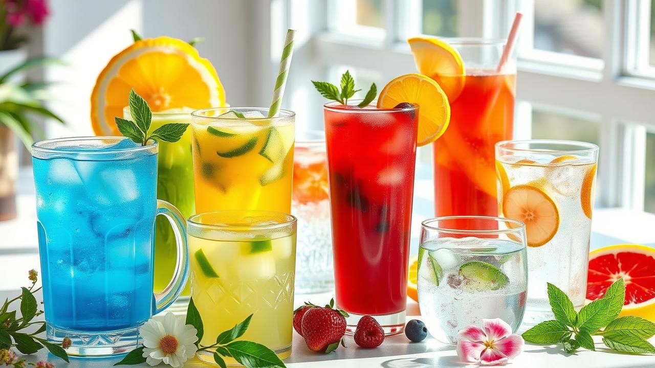 "Create a photorealistic illustration of a refreshing selection of energizing beverages that promote beauty, health, and glowing skin and hair without caffeine. Include a vibrant arrangement of colorful smoothies, herbal teas, fresh fruit juices, and infused waters, styled elegantly with natural elements such as fresh fruits, herbs, and flowers in a bright, sunlight-filled setting. The atmosphere should convey a sense of vitality and rejuvenation."