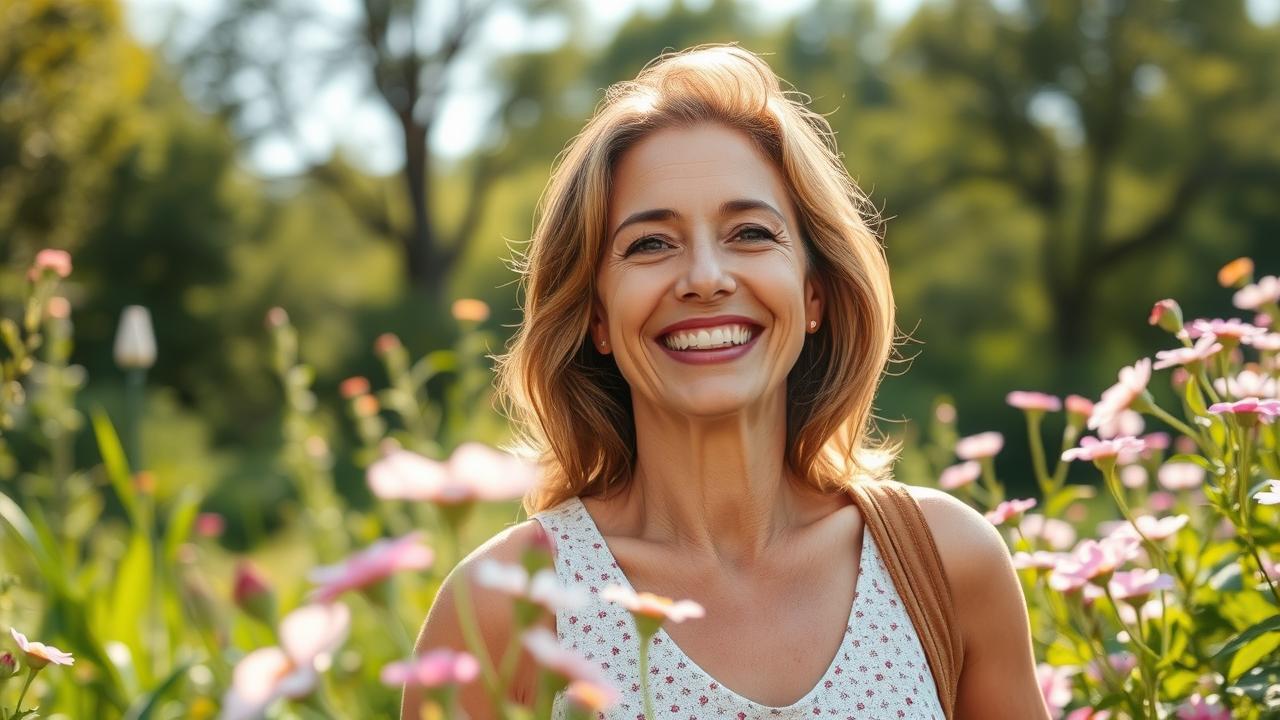 A serene and uplifting scene depicting a confident, healthy woman in her 40s enjoying nature, embracing a new chapter in her life after divorce. She is surrounded by vibrant greenery and blooming flowers, radiating beauty and vitality. The sunlight softly illuminates her face, showcasing her serene smile and newfound confidence. In the background, hints of a supportive community can be seen, symbolizing connection and harmony. The overall atmosphere conveys empowerment, renewal, and the joy of building a fulfilling personal life.