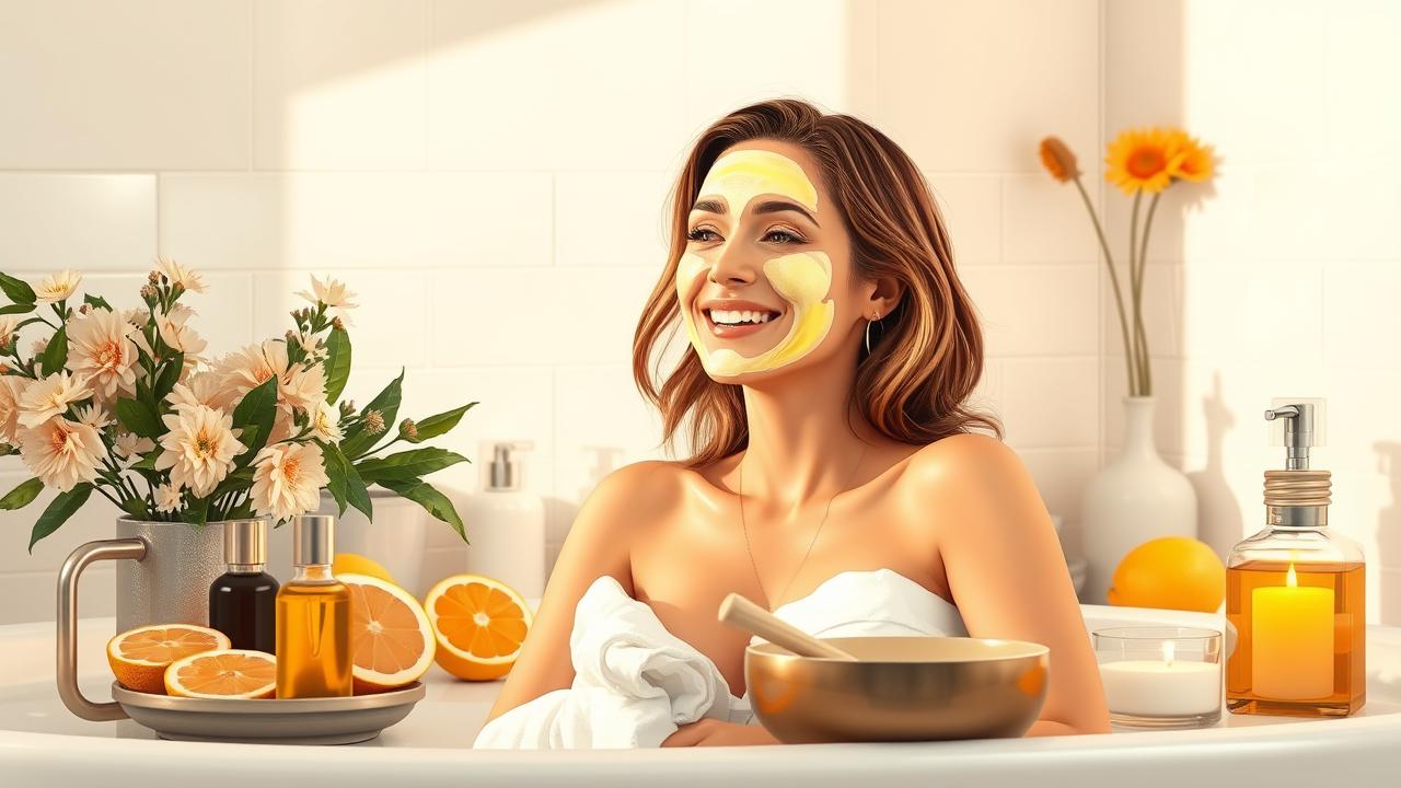 Create a photorealistic illustration depicting a serene and inviting self-care scene for individuals over 40. Feature a woman in a luxurious bathroom, surrounded by soothing skincare products, fresh fruits, and natural oils. She is applying a nourishing face mask while looking content and relaxed. Soft lighting enhances the warmth of the space, highlighting her glowing skin and shiny hair. Incorporate elements that suggest rejuvenation and vitality, such as a vase of fresh flowers or candles, without any text or labels in the image.