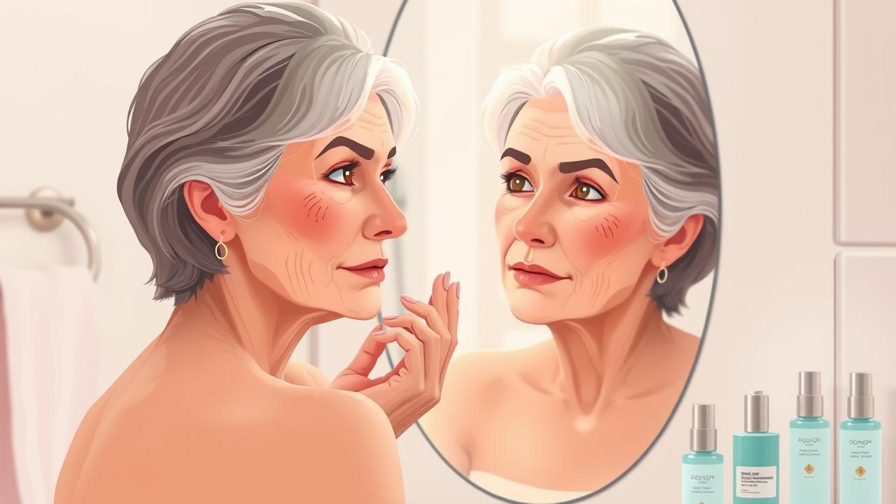 A photorealistic illustration of a mature woman looking into a mirror, showing signs of dark spots on her face. She is in a softly lit bathroom, surrounded by skincare products like serums and moisturizers. The atmosphere is serene and inviting, conveying a sense of self-care and rejuvenation. The focus should be on her thoughtful expression as she contemplates her skincare routine, embodying a balance of natural beauty and age. No text or labels should be included in the image.