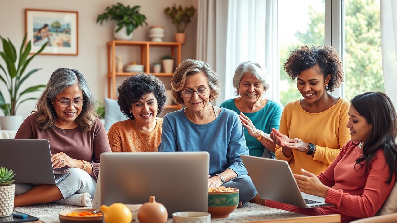 A photorealistic illustration depicting a diverse group of women aged 40 and above engaged in various self-development activities. The scene showcases them participating in online learning on laptops, practicing yoga, enjoying healthy cooking, and having a skincare routine in a serene home environment. Emphasize warmth, positivity, and a vibrant atmosphere, with natural lighting that highlights their youthful energy and confidence. No text or words included.