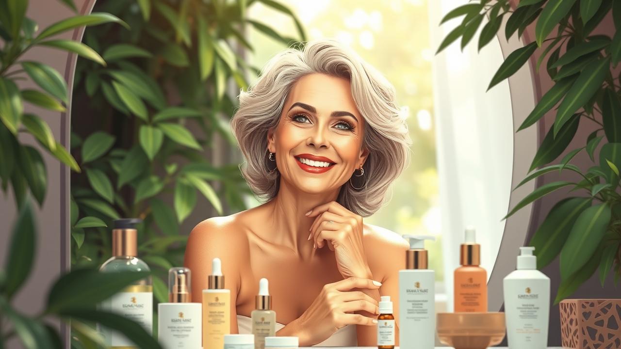 A photorealistic illustration depicting a serene, confident woman in her 40s, surrounded by natural beauty, reflecting the essence of self-care and wellness. She is engaging in a skincare routine, showcasing various skin and hair products on a vanity. In the background, a lush, calming environment with greenery and soft lighting enhances the ambiance. The woman is smiling, exuding vitality, and has healthy, glowing skin and hair. The image captures an aura of elegance and empowerment, emphasizing a holistic approach to health, beauty, and lifestyle.