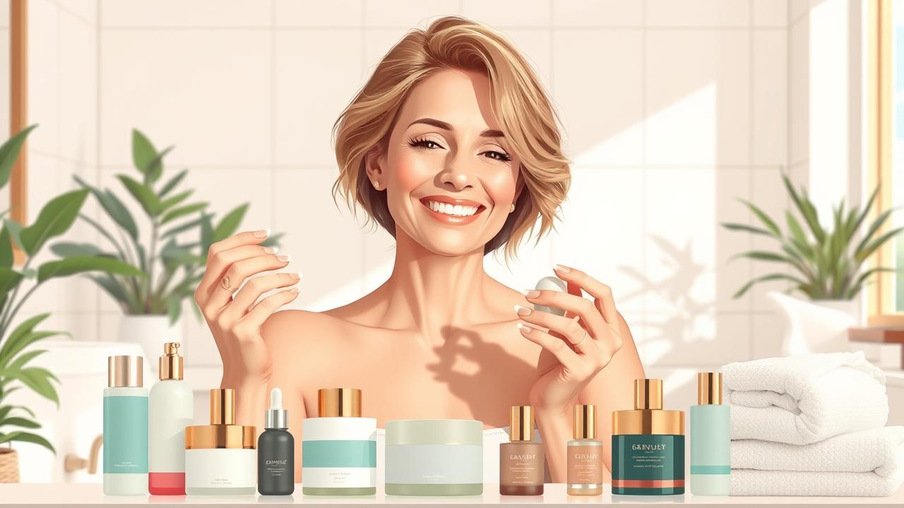 A photorealistic illustration depicting a serene and elegant woman in her 40s, surrounded by an array of top anti-aging skincare products. She is smiling and applying a moisturizer, with a backdrop of a soothing, well-lit bathroom filled with plants and soft towels. The scene conveys the essence of healthy skin, rejuvenation, and overall well-being, highlighting the importance of skincare routines and inner harmony. Emphasize natural beauty, tranquility, and a sense of empowerment.