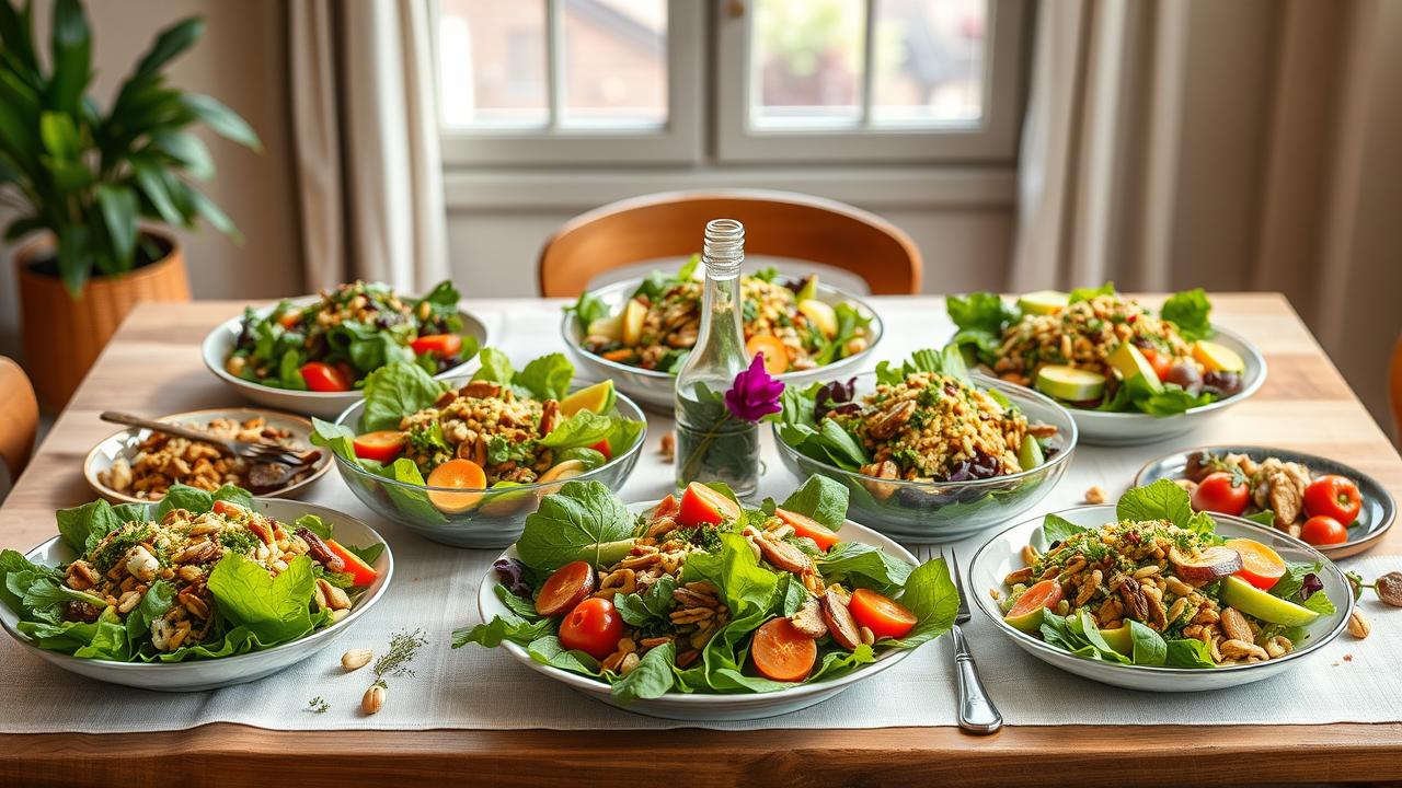 "Create a photorealistic illustration of a beautifully arranged table featuring seven light salads tailored for women over 40. Each salad should be vibrant, colorful, and made with fresh ingredients, showcasing healthy options like leafy greens, colorful vegetables, fruits, nuts, and seeds. The setting should have a warm, inviting ambiance with natural lighting, emphasizing a theme of beauty, health, and youthful vitality. Include small decorative elements like herbs or edible flowers to enhance the visual appeal, without any text or labels."