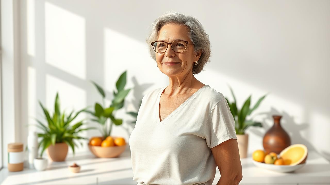 A photorealistic illustration depicting a confident woman over 40, embodying self-assurance through her posture and expression. She stands in a serene environment that reflects balance and tranquility, surrounded by elements symbolizing skincare, healthy food, and mindfulness practices. The soft natural lighting enhances her glowing skin, while the backdrop suggests a harmonious lifestyle. No text or labels included.