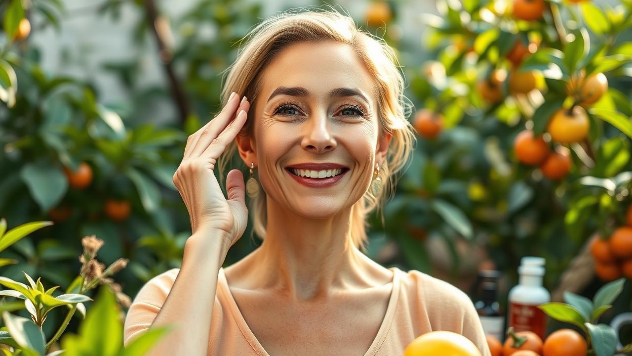 A photorealistic illustration of a vibrant and serene woman in her 40s, with glowing skin and a confident smile, surrounded by natural elements like fruits, vegetables, and skincare products. She is practicing facial exercises in a peaceful garden setting, embodying the essence of youthful vitality. Soft, natural light enhances her features, emphasizing the importance of nutrition, skincare, and wellness in maintaining a fresh appearance. No text or captions.