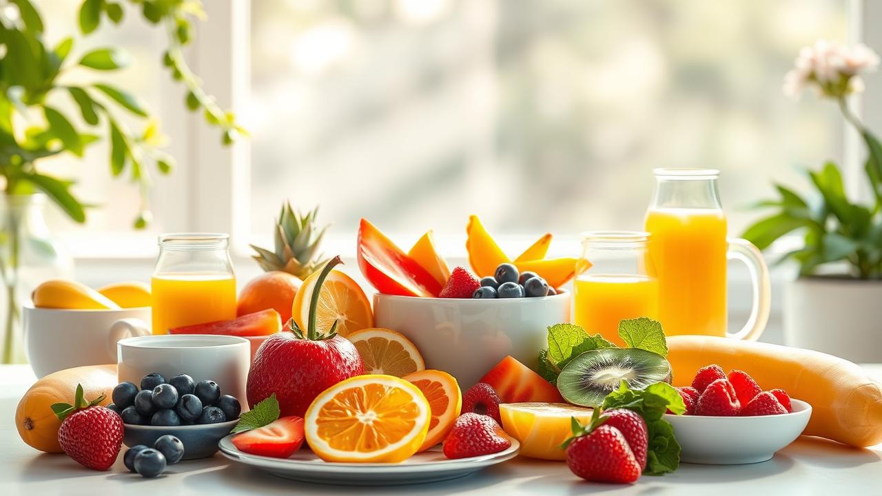 Create a photorealistic illustration featuring a vibrant and colorful breakfast spread that embodies five unique sugar-free breakfast ideas. Include an assortment of fresh fruits, vegetables, and wholesome ingredients arranged aesthetically to suggest energy and beauty benefits for skin and facial freshness. Capture a bright and inspiring morning atmosphere, with natural light highlighting the rich colors and textures of the food. The composition should be visually appealing and promote a sense of self-care and a refreshing start to the day, without any text or labels.