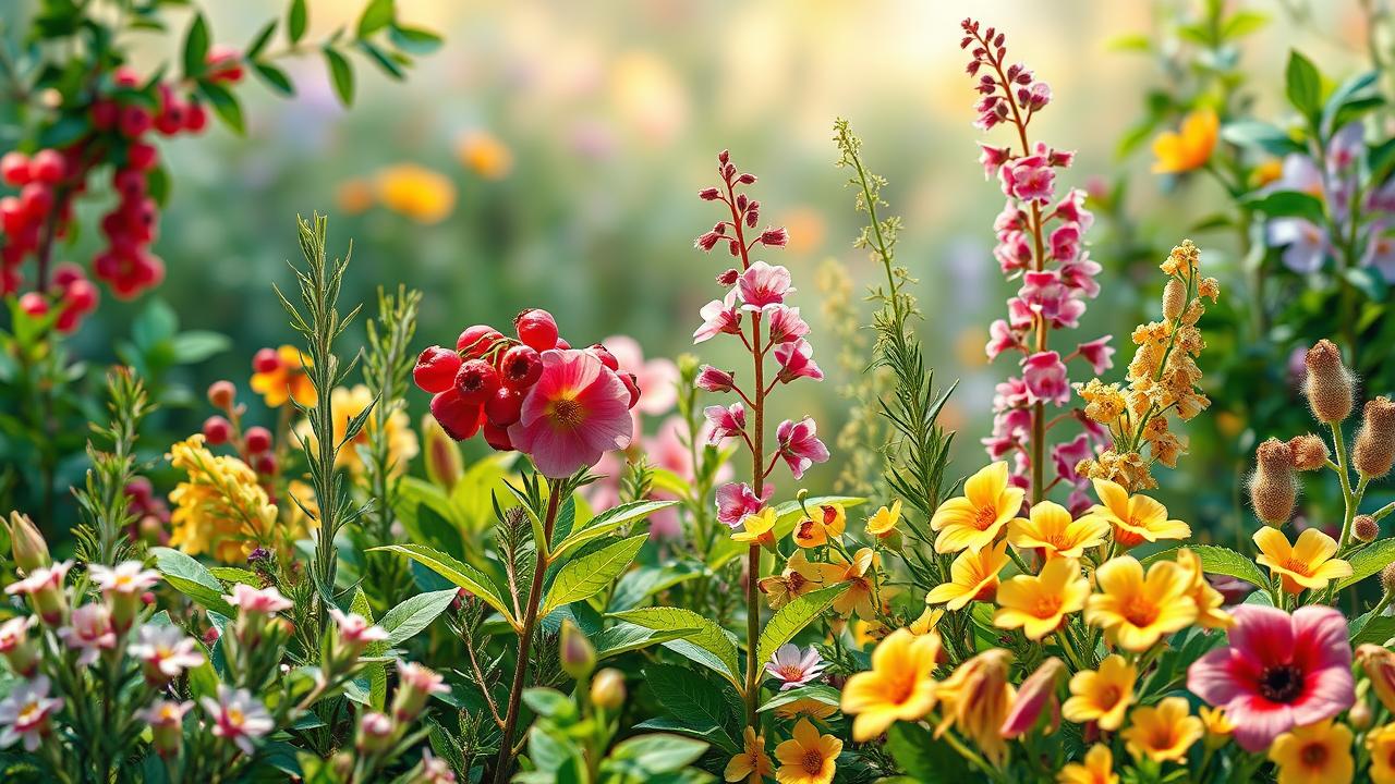 A photorealistic illustration depicting a vibrant and colorful herbal landscape, featuring an array of heart-healthy herbs and plants, such as hawthorn, rosemary, and ginger. The scene should be lush and inviting, with rich greens, vivid pinks, and warm yellows creating a sense of vitality and energy. Include delicate flowers and leaves that symbolize femininity and beauty, arranged harmoniously to convey a sense of gentle wellness and support for the heart and vascular health. The atmosphere should be serene and uplifting, with soft natural light enhancing the colors and details. No text or labels present.