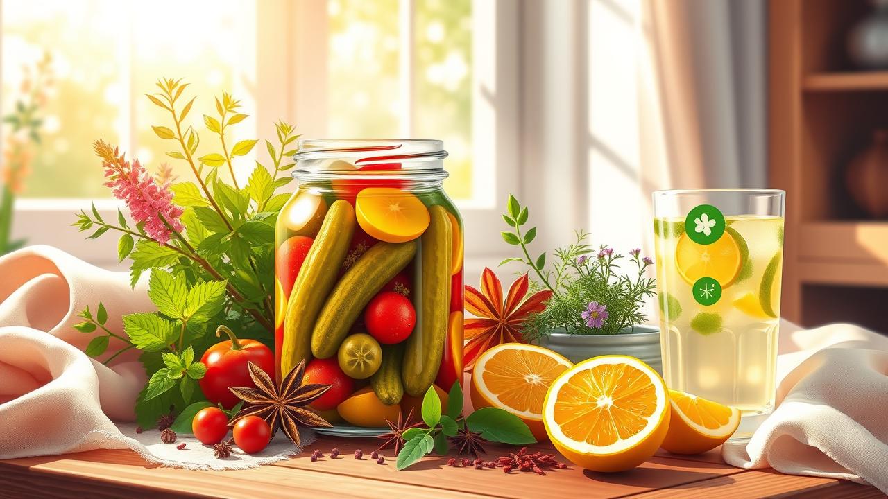 A photorealistic illustration featuring a vibrant, colorful arrangement of pickles in a glass jar surrounded by fresh herbs and spices, with sunlight streaming in to create a warm, inviting atmosphere. Include elements like a wooden table, soft fabric, and health-related items such as a glowing skin cream and a refreshing drink, reflecting a sense of wellness and femininity. The colors should be bright and contrasting, capturing the essence of energy and vitality, without any text or words in the scene.