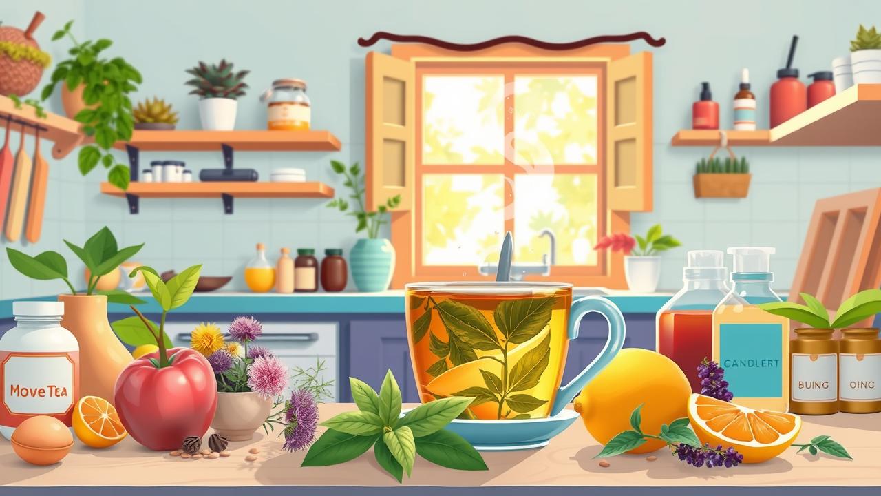 A photorealistic illustration depicting a vibrant and colorful kitchen scene featuring various natural herbs and ingredients used for liver tea preparations. Include a warm, inviting atmosphere with bright, contrasting colors. Show fresh herbs like dandelion and milk thistle, along with a steaming cup of herbal tea, surrounded by beauty and wellness products for skin and hair care. Incorporate elements that symbolize energy and vitality, like fresh fruits and a sunny window view, creating a sense of daily self-care and natural wellness without any text or writing.