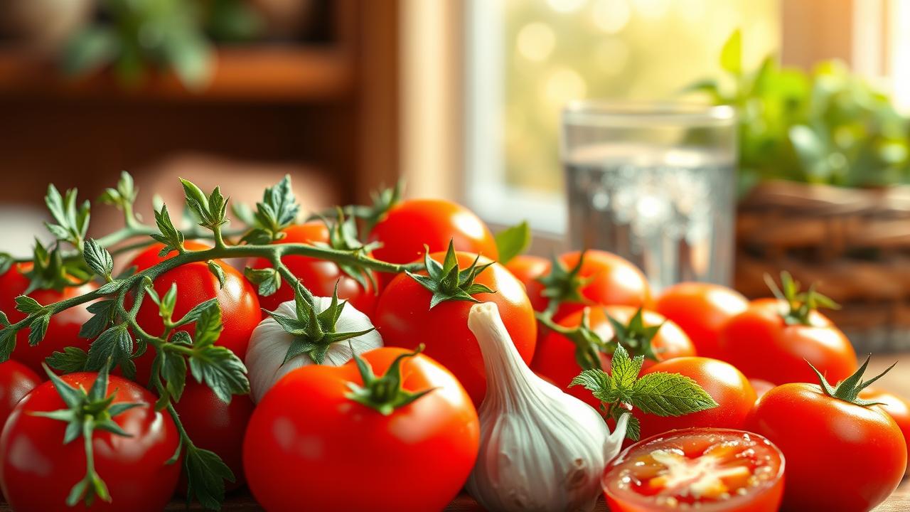 A photorealistic illustration featuring a vibrant and colorful arrangement of marinated tomatoes with garlic, highlighting their bright reds and greens. The background should be warm and inviting, evoking a cozy atmosphere. Include elements that symbolize beauty, health, and a light spirit, such as fresh herbs, a sparkling glass of water, and a soft, glowing light. No text or captions should be present in the image.