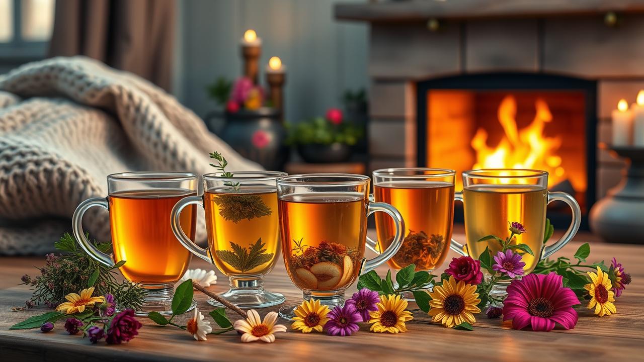 Create a photorealistic illustration featuring a cozy evening scene with five herbal tea blends elegantly displayed in beautiful glass teacups. Surround the teacups with fresh herbs and colorful flowers, emphasizing vibrant and contrasting colors. Set the background with soft, warm lighting, evoking a calming atmosphere. Include elements representing relaxation, such as a softly knitted blanket, candles, and a gently flickering fire in a fireplace, but ensure there are no texts or words in the image.