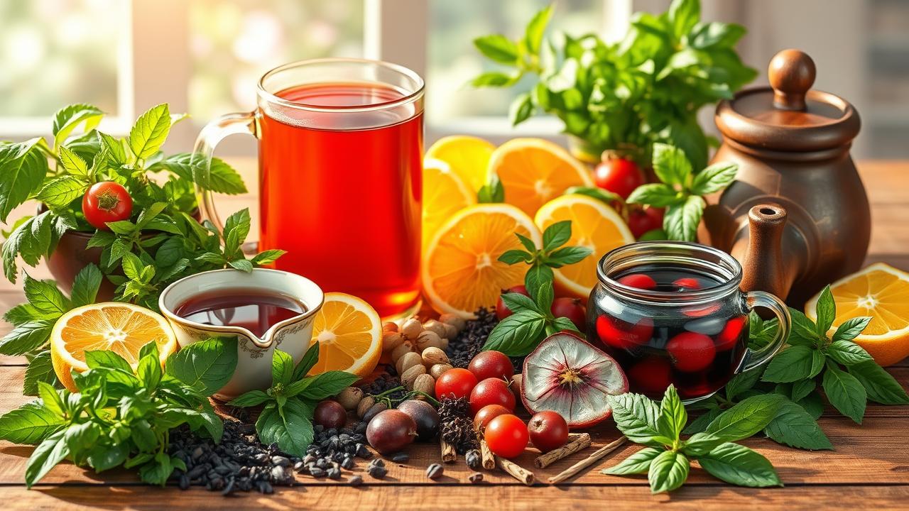 A photorealistic illustration depicting a vibrant and colorful assortment of herbal teas and ingredients beneficial for pancreatitis. The scene includes fresh herbs, fruits, and tea accessories artfully arranged on a wooden table, with soft natural light casting a warm glow. The overall atmosphere should evoke a sense of health, energy, and care for the pancreas, inspiring a feeling of wellness and vitality. No text or labels included.