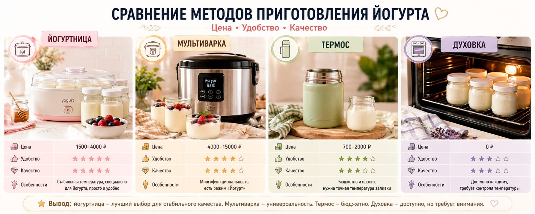 sravnenie-metodov-prigotovleniya-jogurta-1800x720 Самый полезный йогурт — домашний: технология и способы приготовления, 12 рецептов блюд с йогуртом