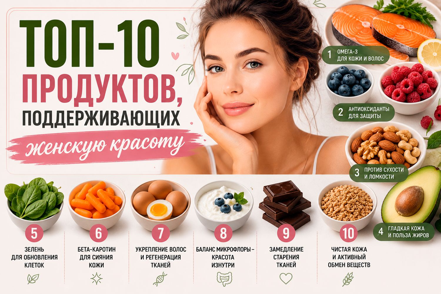 Топ-10 продуктов, поддерживающих женскую красоту
