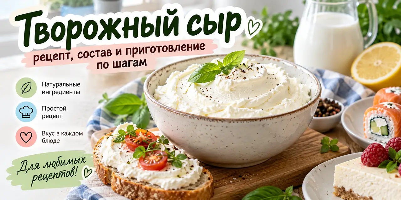 Домашний творожный сыр — это нежная, кремовая масса с лёгкой кислинкой и мягким сливочным вкусом