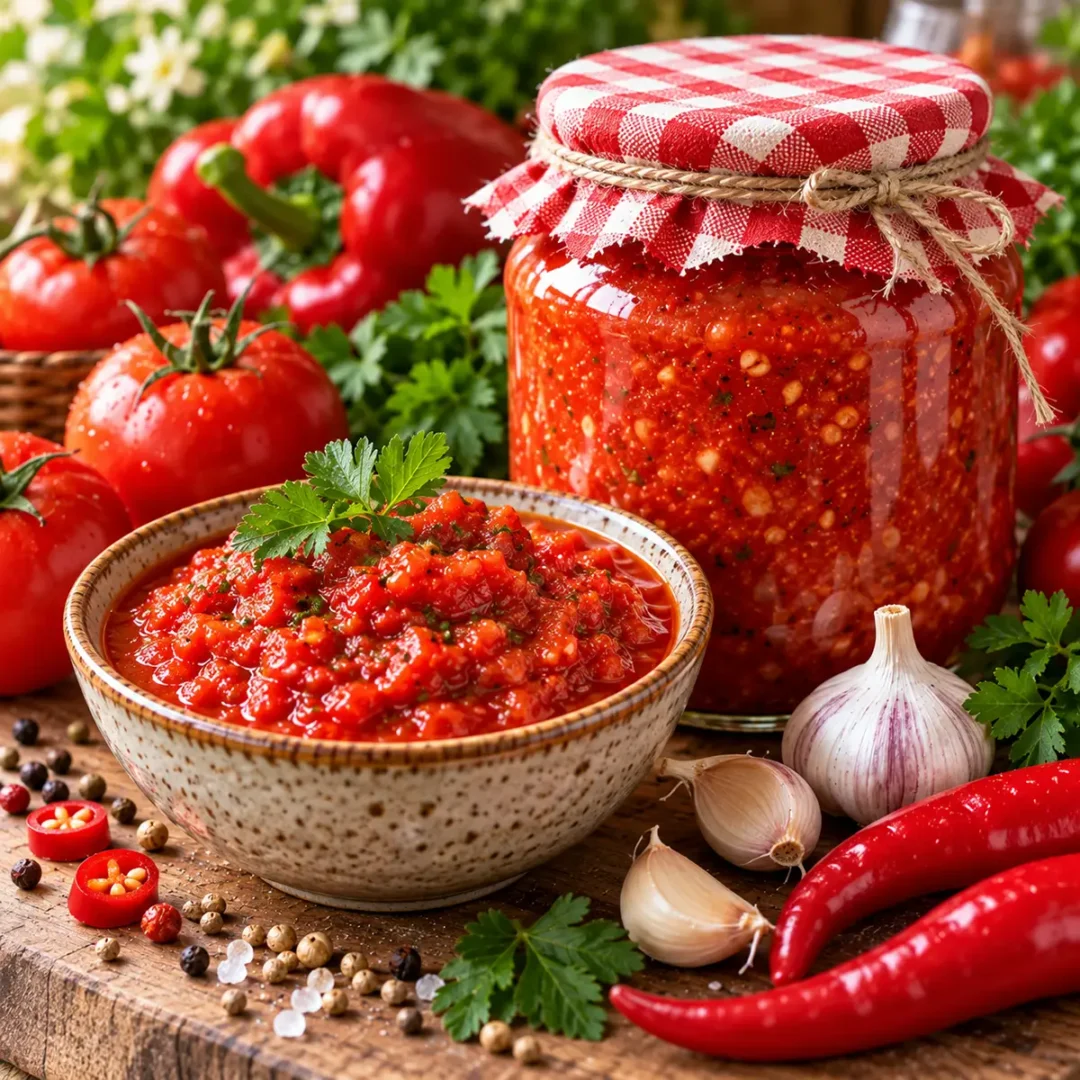 rustic-jar-of-homemade-red-sauce-1080x1080 Готовим аджику на зиму без варки