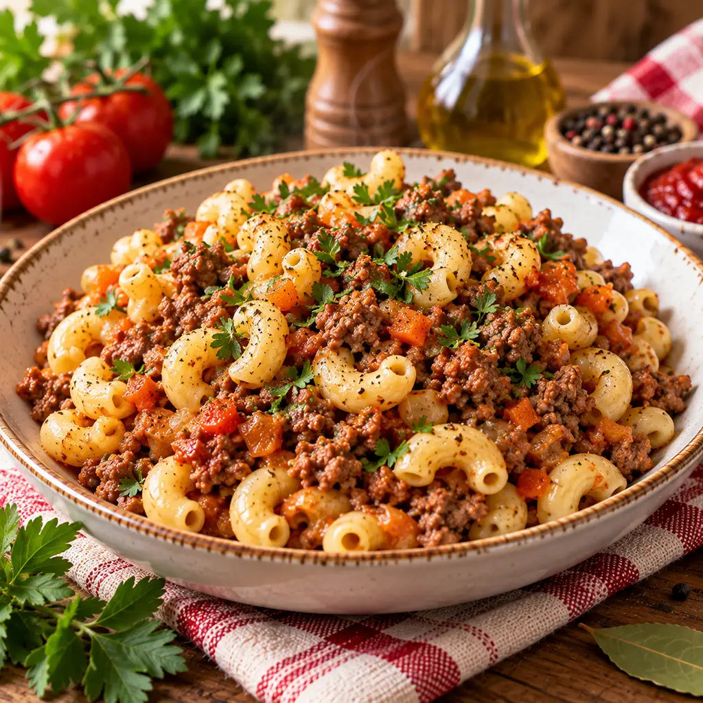 rustic-macaroni-and-beef-skillet-bowl Готовим макароны по флотски, с фаршем
