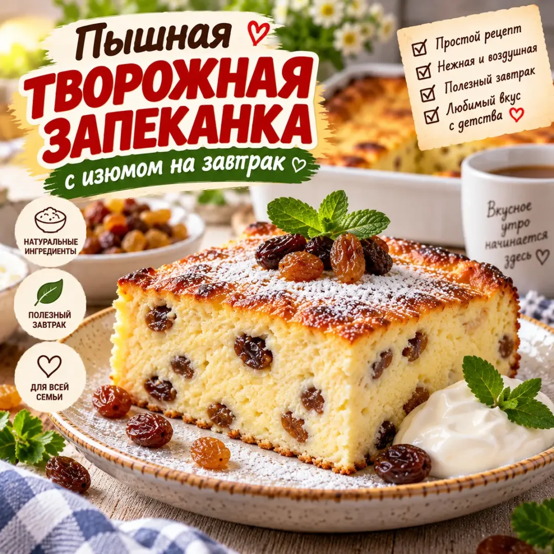 tvorozhnaya-zapekanka-s-izyumom-1080x1080 Пышная творожная запеканка с изюмом